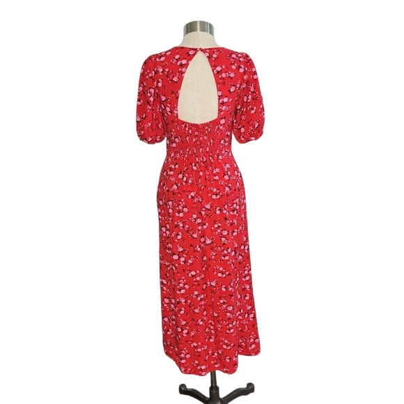 Old Navy Puff Sleeve Red Floral Maxi Dress Women's XS Ruched Back Spring Summer - Picture 5 of 14